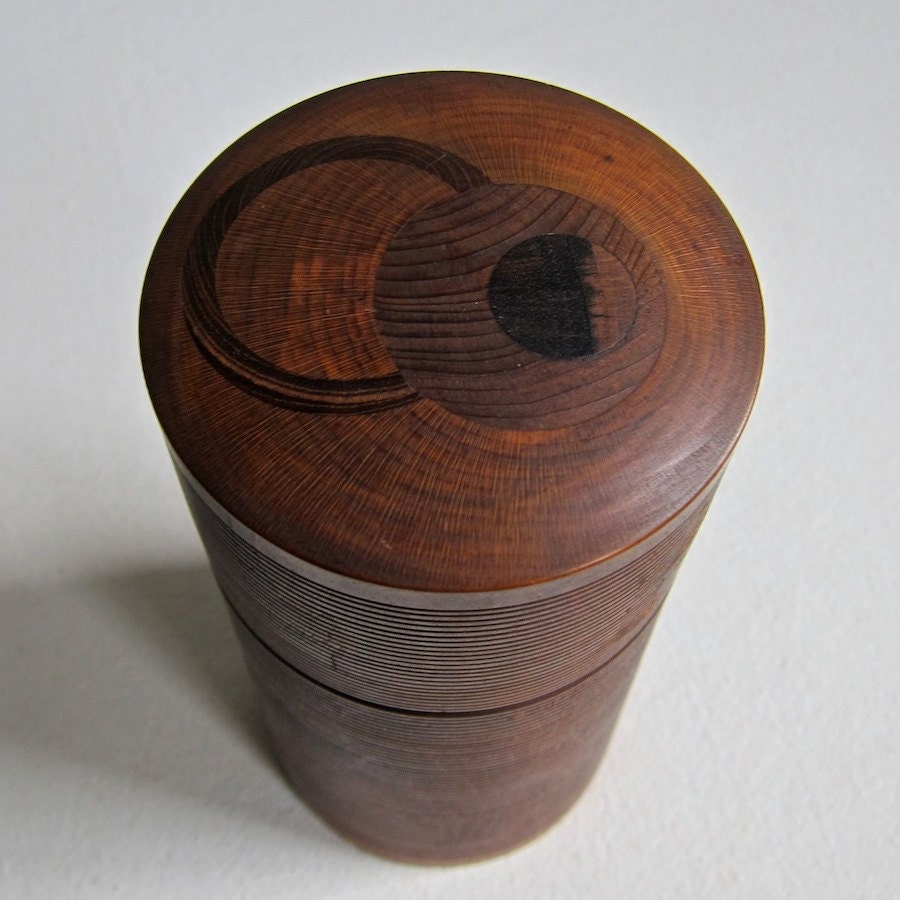 Inlaid Turned Wood Trinket Box - Treen Box Treenware circa 1930 Storage Container