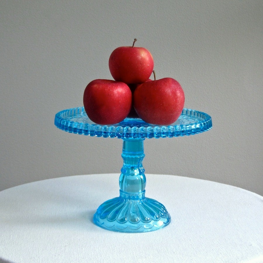 Victorian Blue Glass Cake Stand Cottage Pattern Adams 1880s EAPG