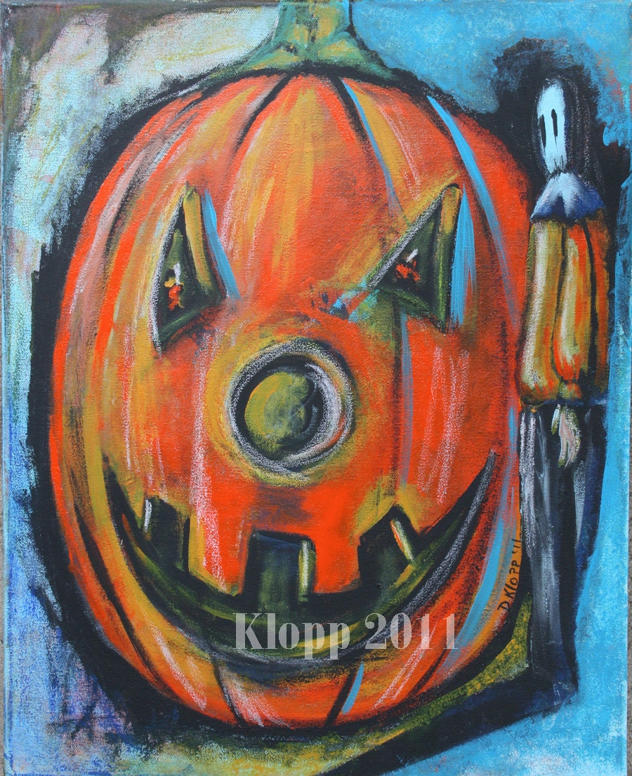 Abstract Expressionism Original Halloween Painting Horror JOL Pumpkin Folk Art