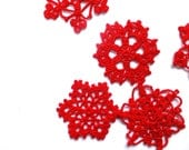 Crocheted snowflakes, red holiday ornaments, Christmas decorations, applique, embellishments /set of 6/