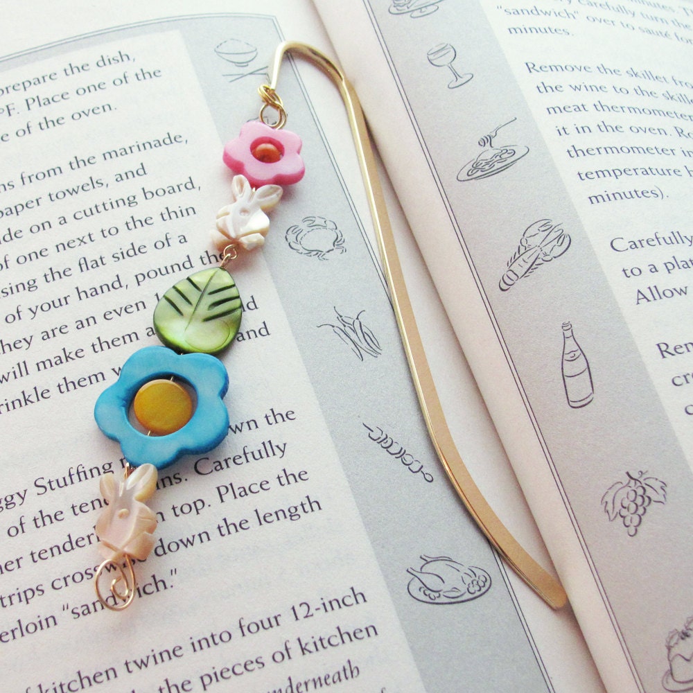Beaded Bookmark - Bunnies, Flower Garden, Mother of Pearl