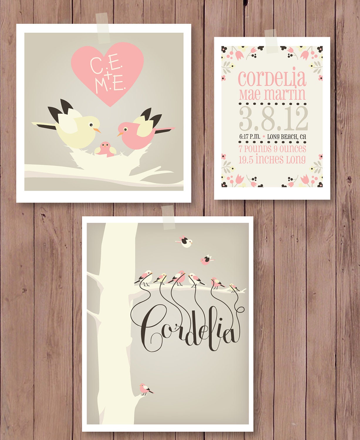 Personalized nursery art gallery wall trio features birds and floral theme with your newborn's birth statistics