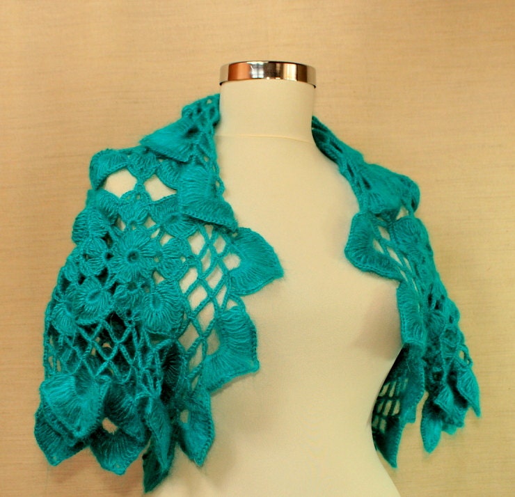 Peacock's Kiss / Crochet Shrug Bolero Turquoise Jungle Green Flower Crochet Shrug Lace Bolero Jacket Bridal Bolero Wedding Shrug S M L
