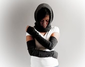 Long Black Fingerless Gloves-Angora Jersey Extra Long Charcoal Black Arm Warmers- Long Black Mitts-Ladies Black Long Mittens