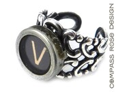 Steampunk Ring Typerwriter Key Initial V - Steampunk Ring -  Letter V Ring - Name Ring - Custom Initial Ring - Silver Adjustable Ring