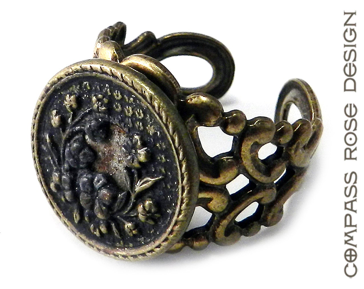 Antique Button - Victorian Button Ring - Brass and Hematite Blossoms Metal Button Adjustable Ring Handmade by Compass Rose Design