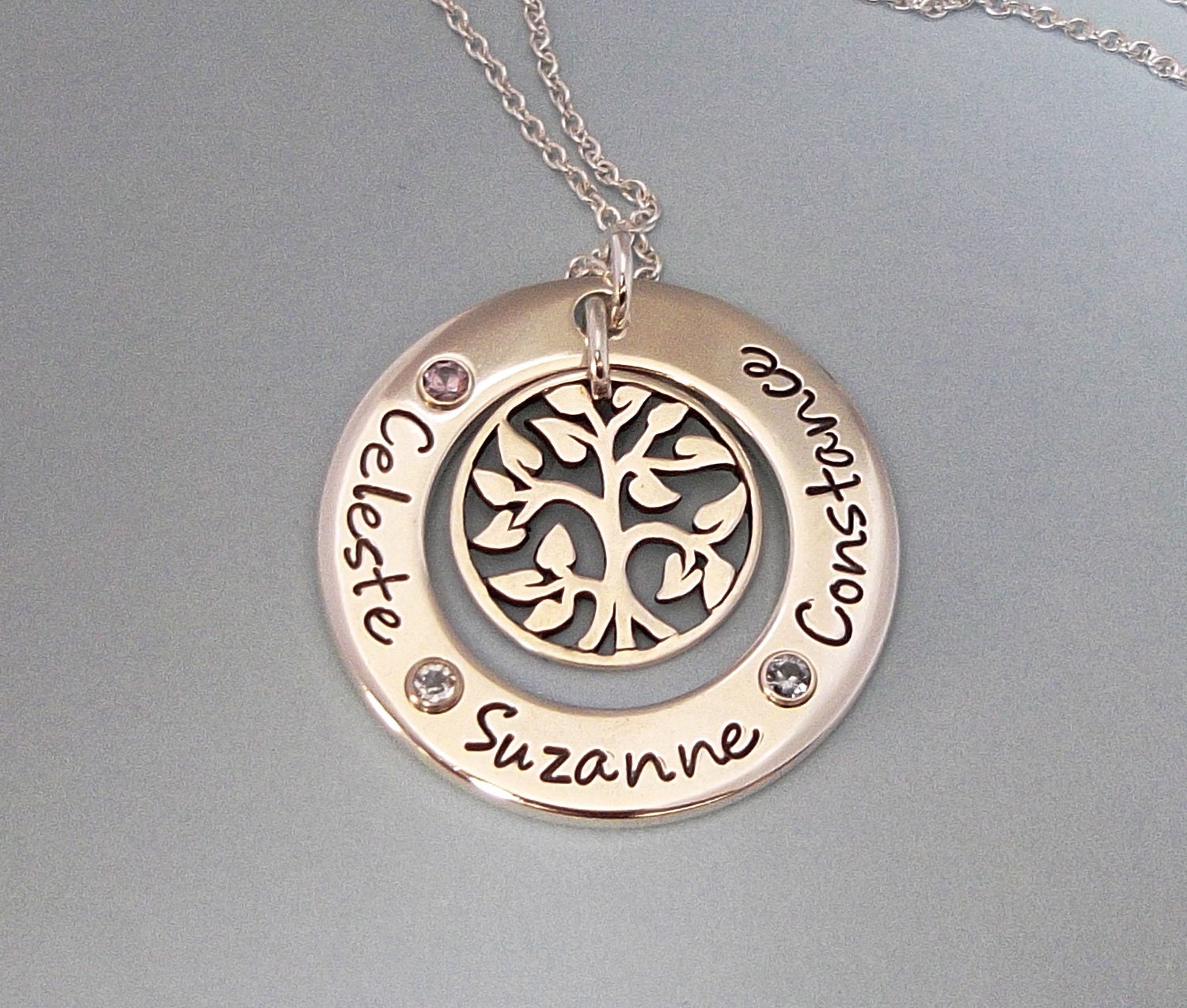 Family Gems Circle Celebration with Tree of Life Charm - Handstamped Jewelry ... Family Gems Circle Celebration with Tree of Life Charm - Handstamped Jewelry ...