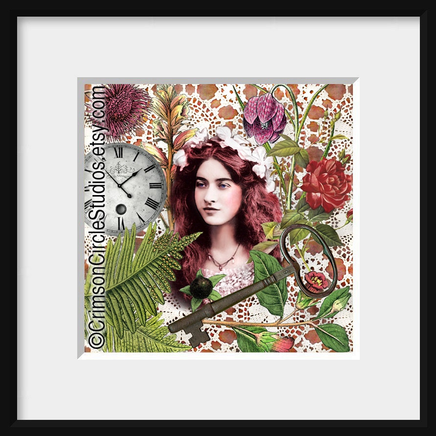 Secret Garden - 5x5 print, digital montage, vintage feminine portrait