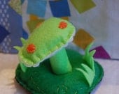 Green and Orange Felt Mushroom Landscape Scene in Wood Box