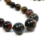 Graduated Tiger Eye Necklace, Gold, Blue, Red, Gemstone, Chunky