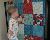 Handmade Americanna Patchwork Lap Quilt, "POPPY PASSION", Modern, Sofa Throw, Dorm Quilt, Photo Prop, Summer Picnics, Child to Adults