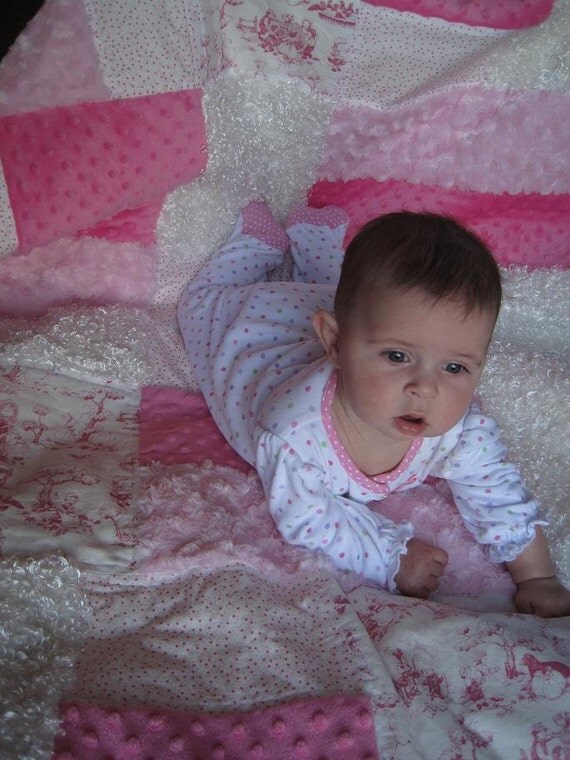 Textured Baby Quilt, "Nursery Rhyme Time", Pinks, White, French Country Toile, Photo Prop, Crib Quilt, Nursery Classic