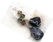 Wirewrapped Dangle Earrings - Obsidian Stone Earrings - Smoky Quartz Cube - Sterling Silver - Big Chunky Raw Gray - tagt