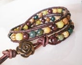 Autumn Rose Gem Mix Leather Wrap Bracelet