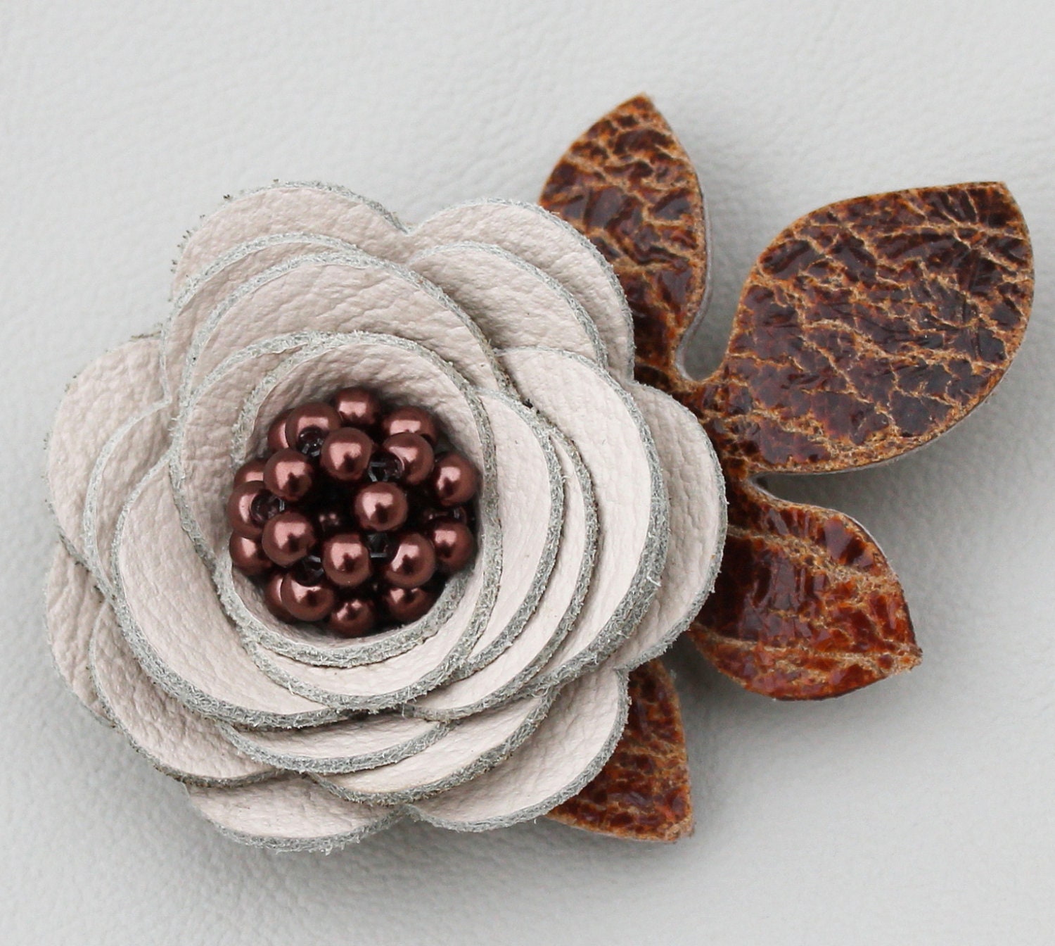 Cream flower hair clip fascinator, leather rose, brown leaves, beaded center 3 year anniversary gift