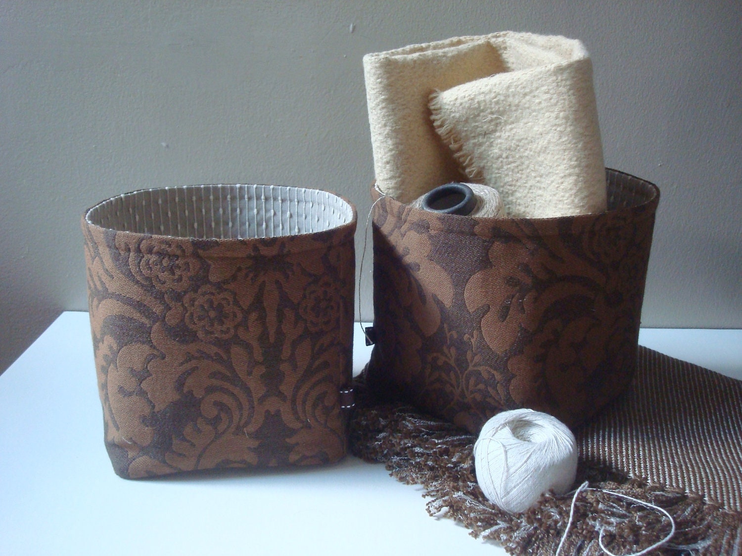 Linen Basket / Baby Alpaca Bin / Damask in Dark Chocolate / Mocha Brown / Fabric Bin / Set of Two