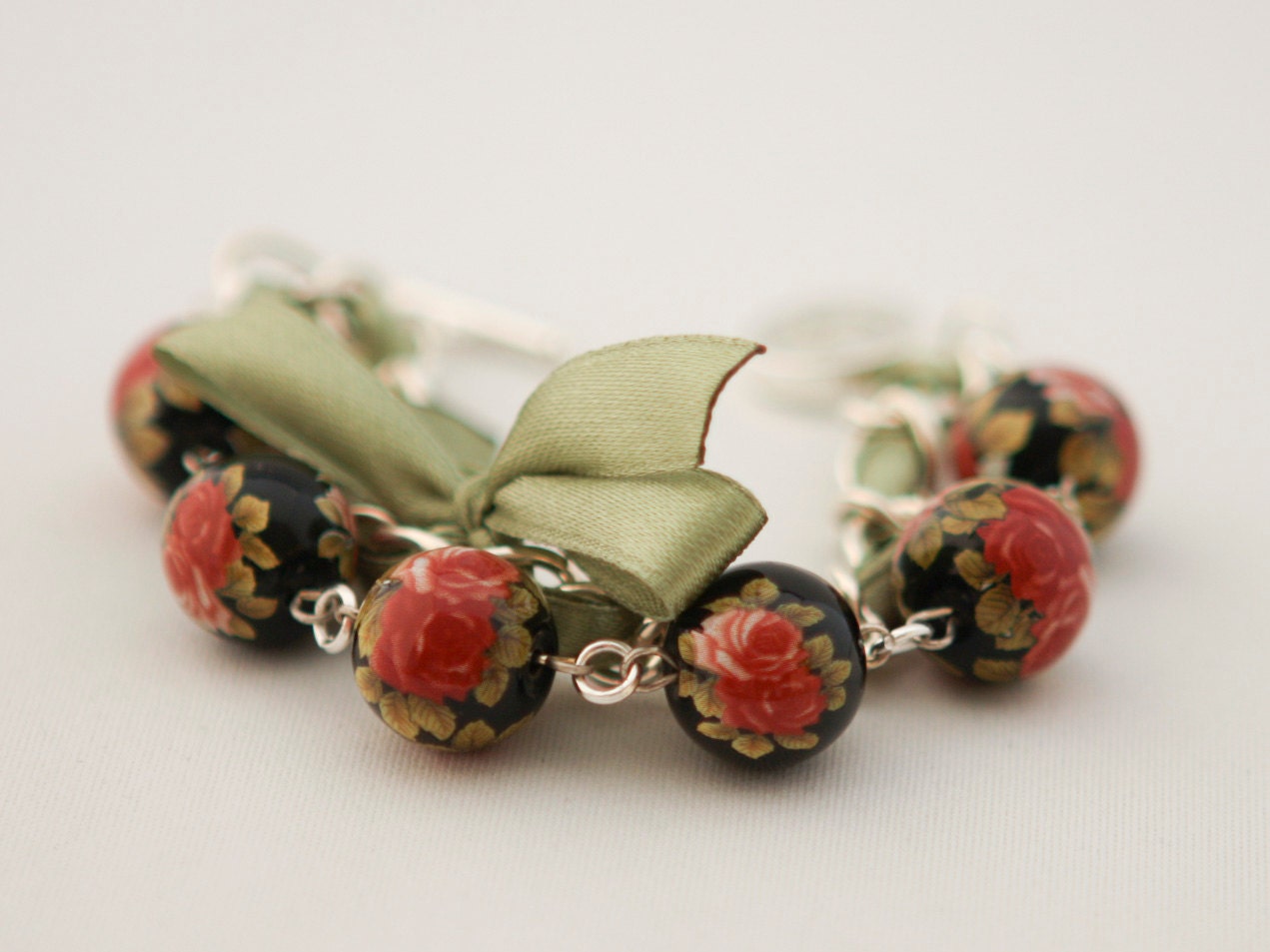 Red Roses and Green Satin Ribbon Bracelet