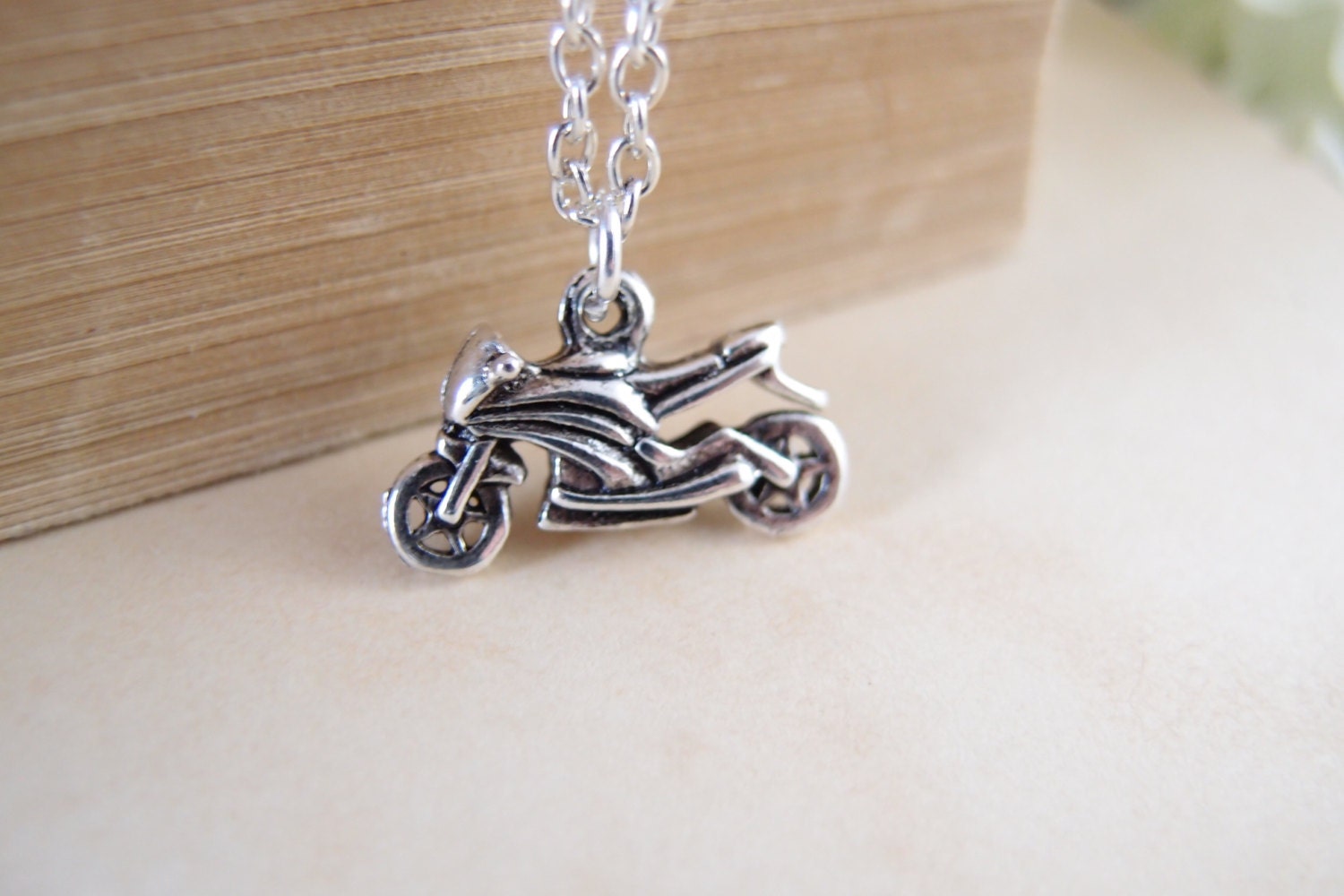 Quest for Speed--double sided motorcycle- petite and delicate silver metal necklace
