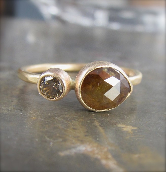 SALE - OOAK Caramel and Chocolate Double Diamond Ring in 14k Recycled Gold - 1.2 carats