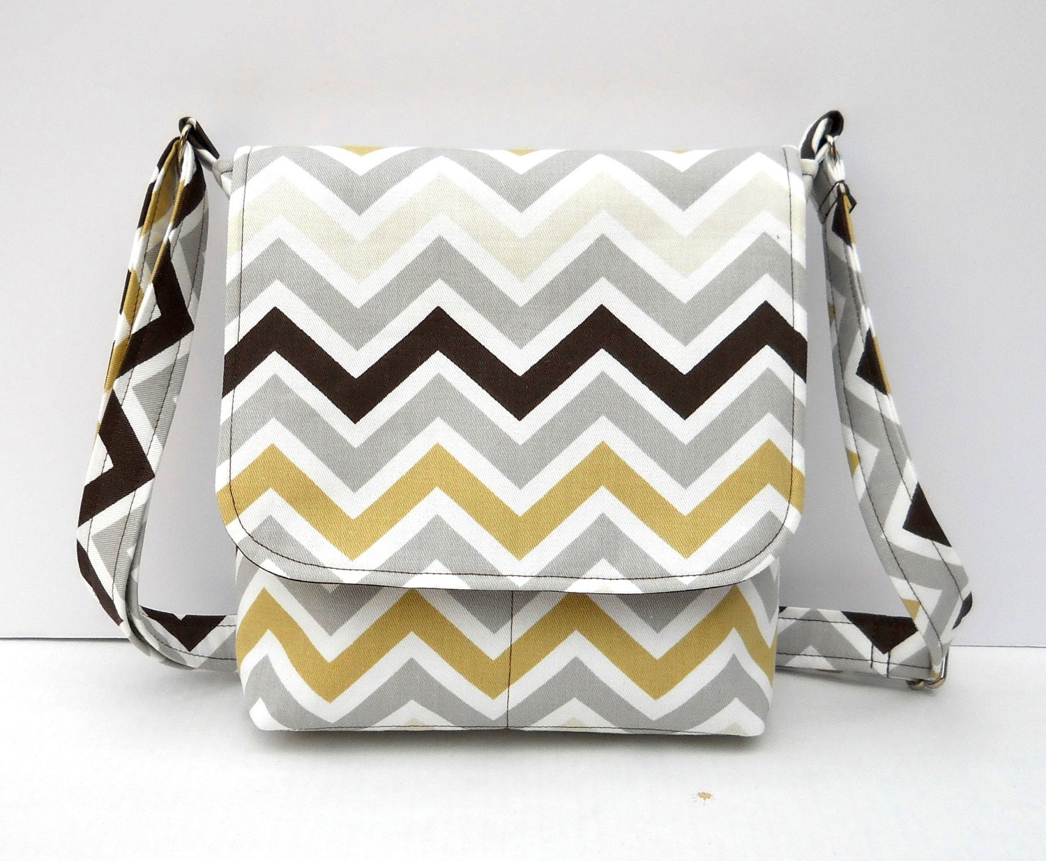 Small Chevron Bag Messenger Purse - Chevron in Gray and Brown - Long Adjustable Strap