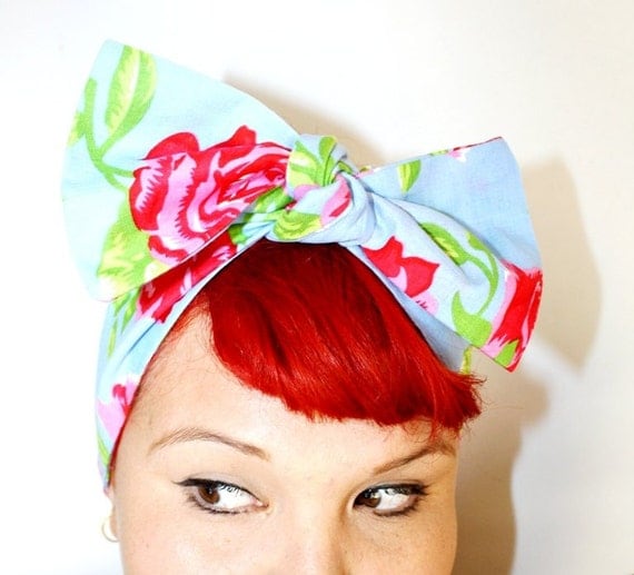Bow hair tie, Vintage Inspired Head Scarf, Roses, Shabby Chic