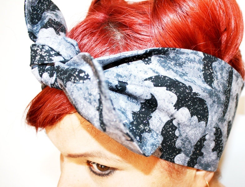 Bow style, Vintage Inspired Head Scarf, Sparkle Bats, Rockabilly, psychobilly, retro, vintage inspired