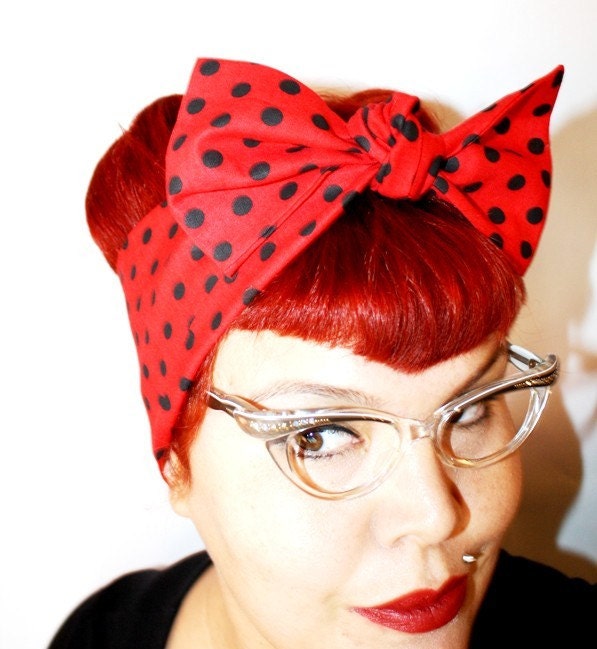 Bow hair tie, Vintage Inspired Head Scarf, Red with Black Polka Dots, Rockabilly, Retro