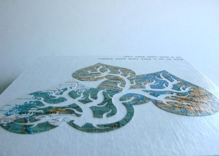 6" x 6". Custom paper cut art. Three Map Hearts. Personalized Locations. Original Paper Cut Art by PaperCutWorks