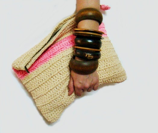 Oversized Champagne Neon Pink Color Block Foldover Clutch Crochet Purse