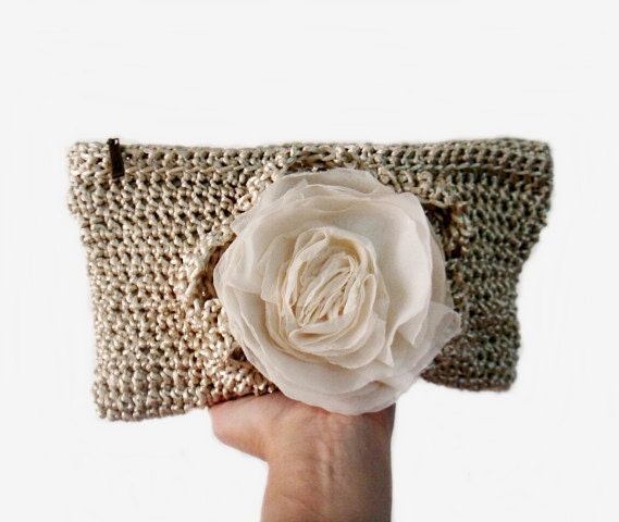 Ivory Gold Crochet Clutch Bag Wedding Bridal Purse Chiffon Flower Pin
