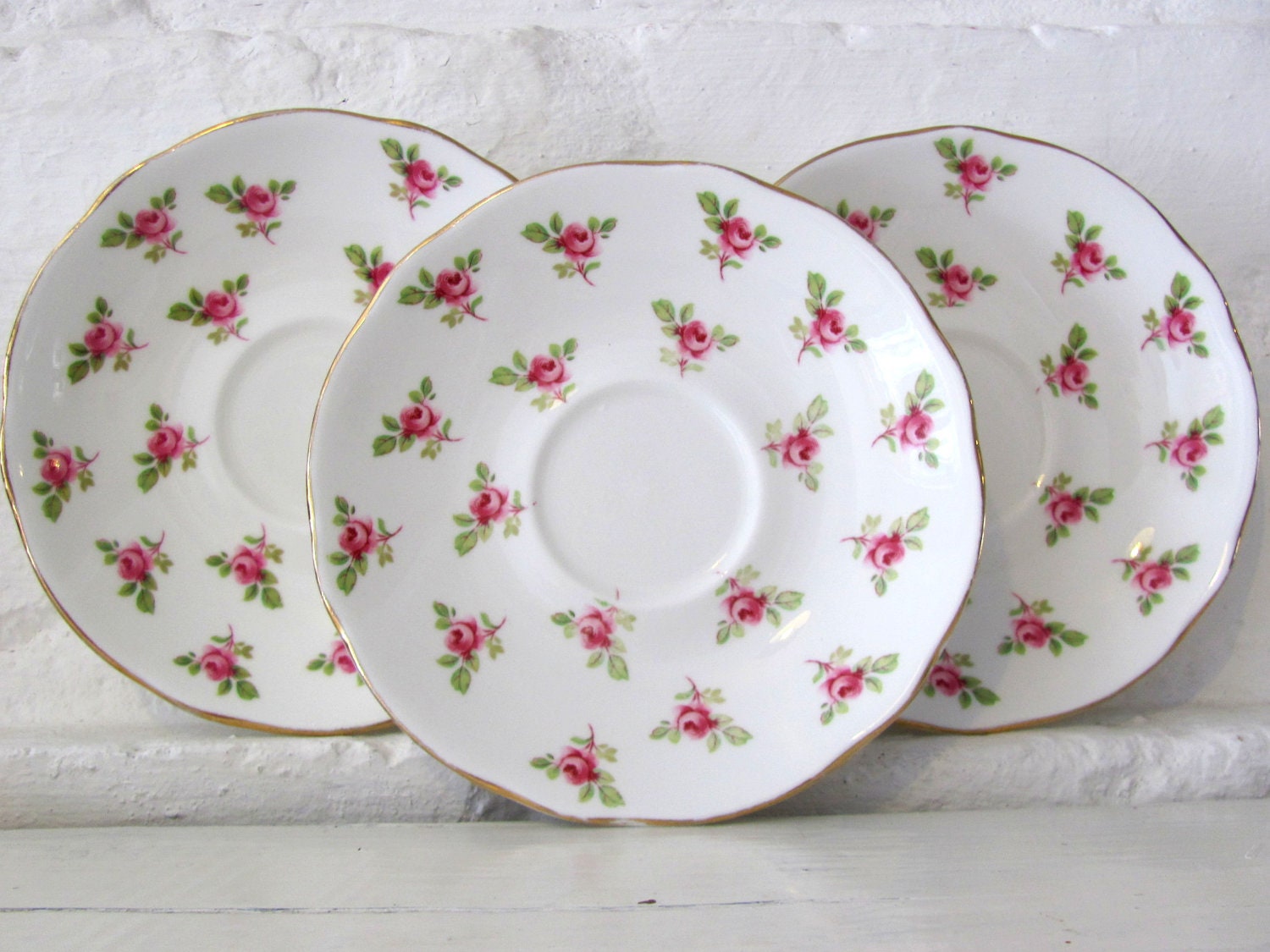 Pink Rose Tea Plates.  Made in England. Vintage China. Set of Three.