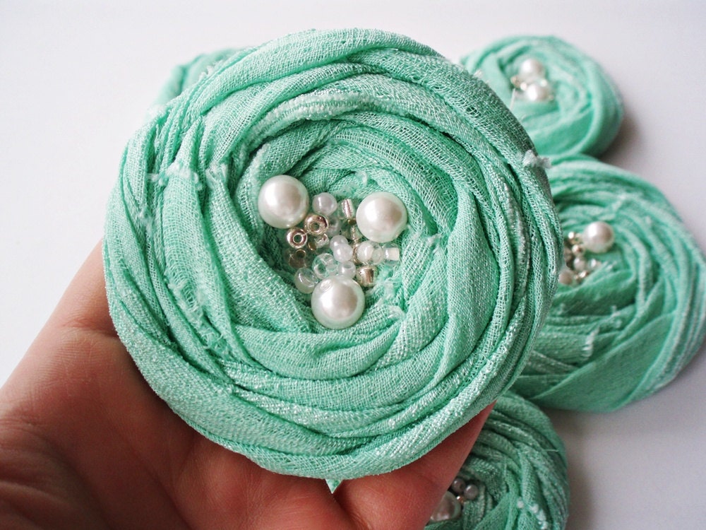 Mint Cotton Roses Handmade Appliques Embellishments(5 pcs)