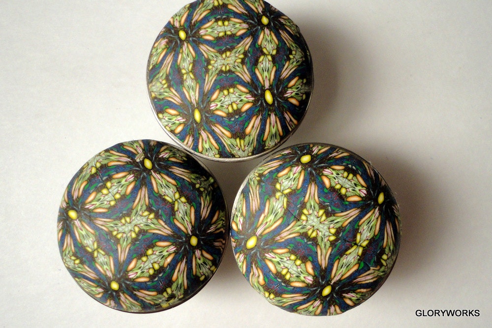 Cabinet Knobs /Cabinet Pulls  Set of SIX   Metal and Polymer clay Lemon and Slate