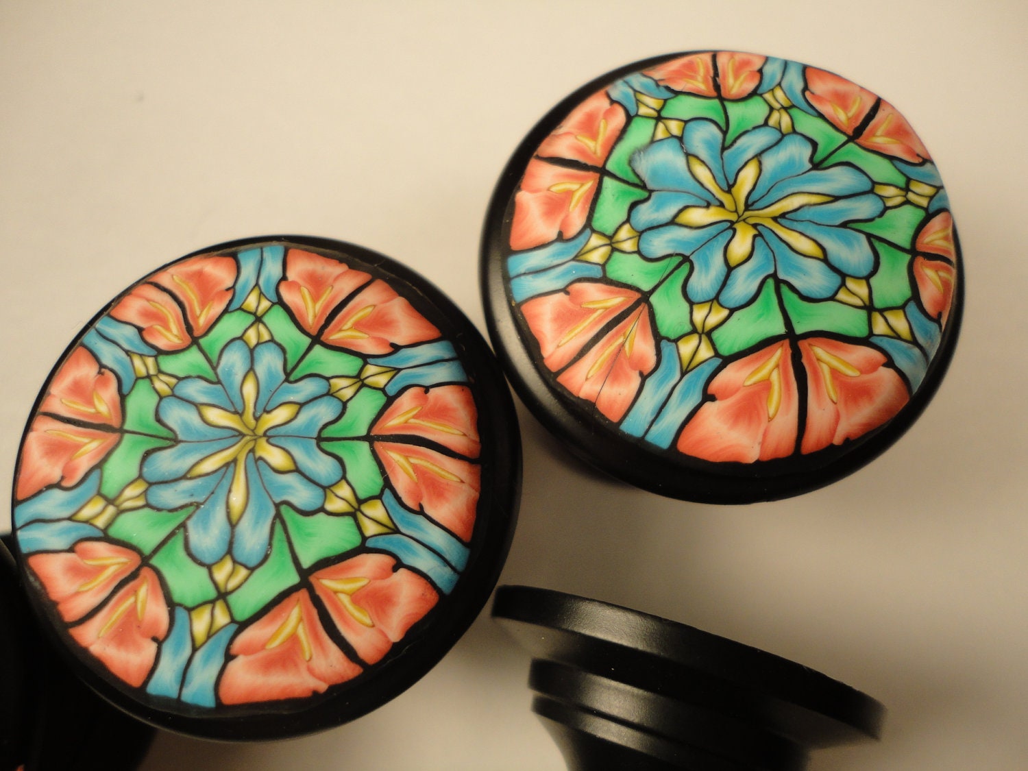 Cabinet Knobs/Pulls Art Nouveau Flat Black Set of SIX/ 25 available/  Black,Lt. Blue, Salmon and Mint Green Polymer Clay over Metal