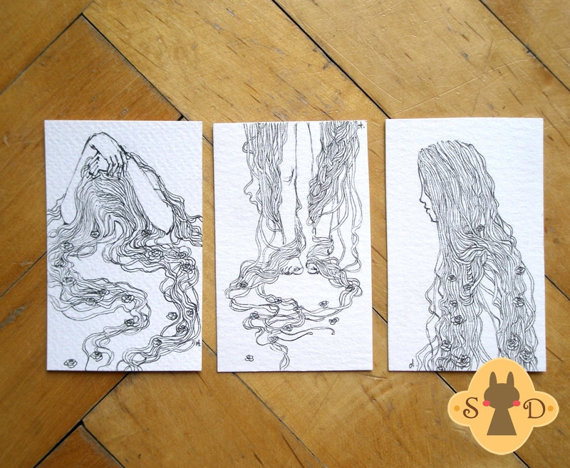Set of 3 original aceo - three girls - The Hair and Roses collection - ink drawing - aceo illustration
