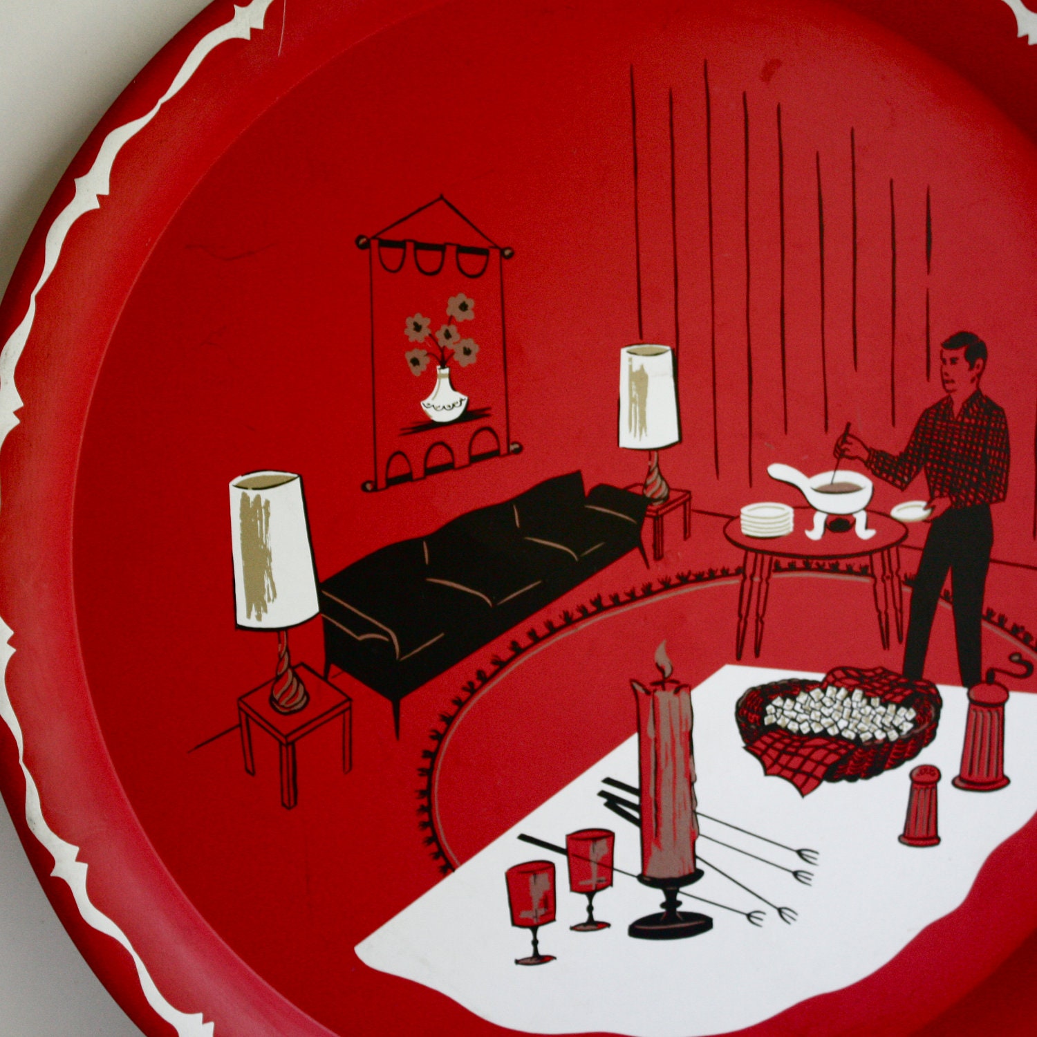 Vintage Red Metal Tray with Fondue Party Design