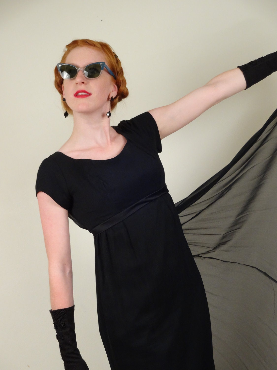 Vintage 1960s Black Party Dress, Empire Waist, Chiffon, With Back Panels, Small