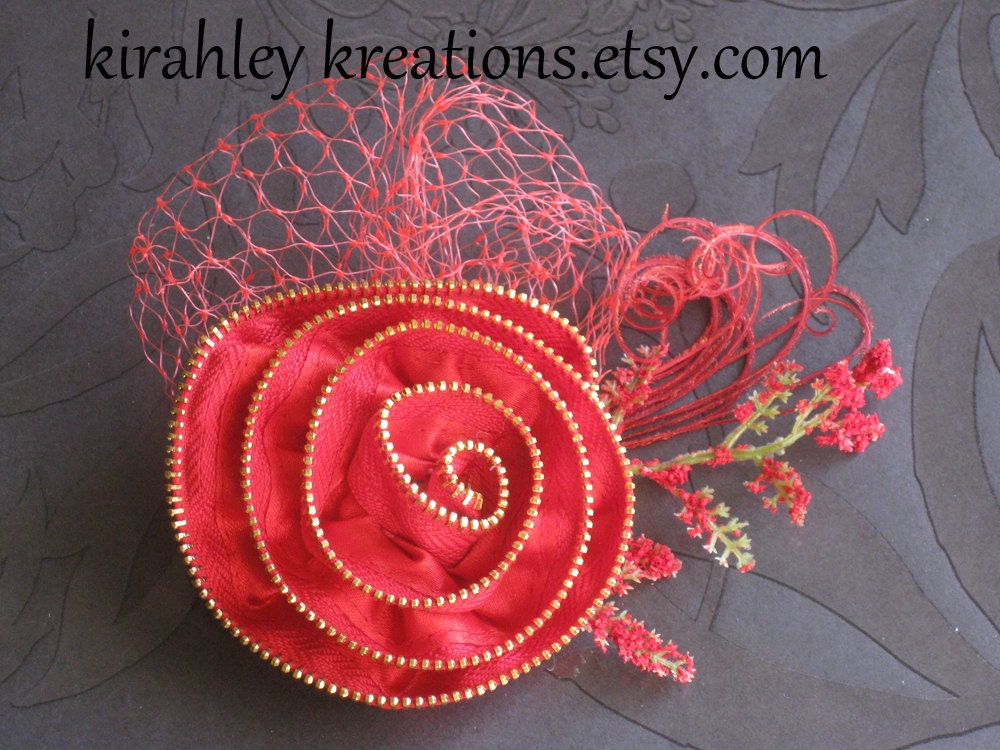 DELANY -- Red and Gold Zipper Rose Flower with Netting, Foliage and Curled Red Peacock Herl -- Ship Ready and Sale