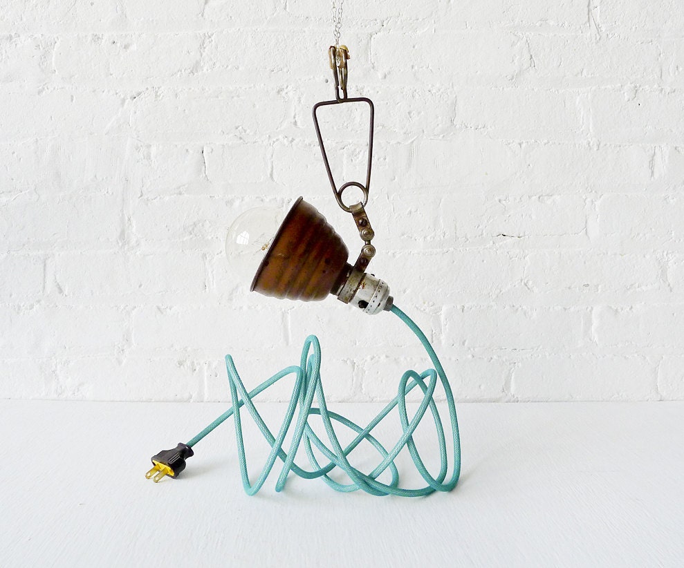 20% SALE - Vintage Industrial Light - Little Bell Clip Hanging Lamp with Aqua Net Color Cord