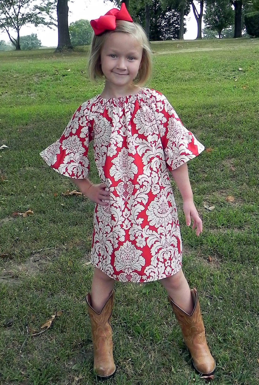 Red Christmas Damask Peasant Dress sizes 12 months, 18 months, 2t, 3t, 4t and 5