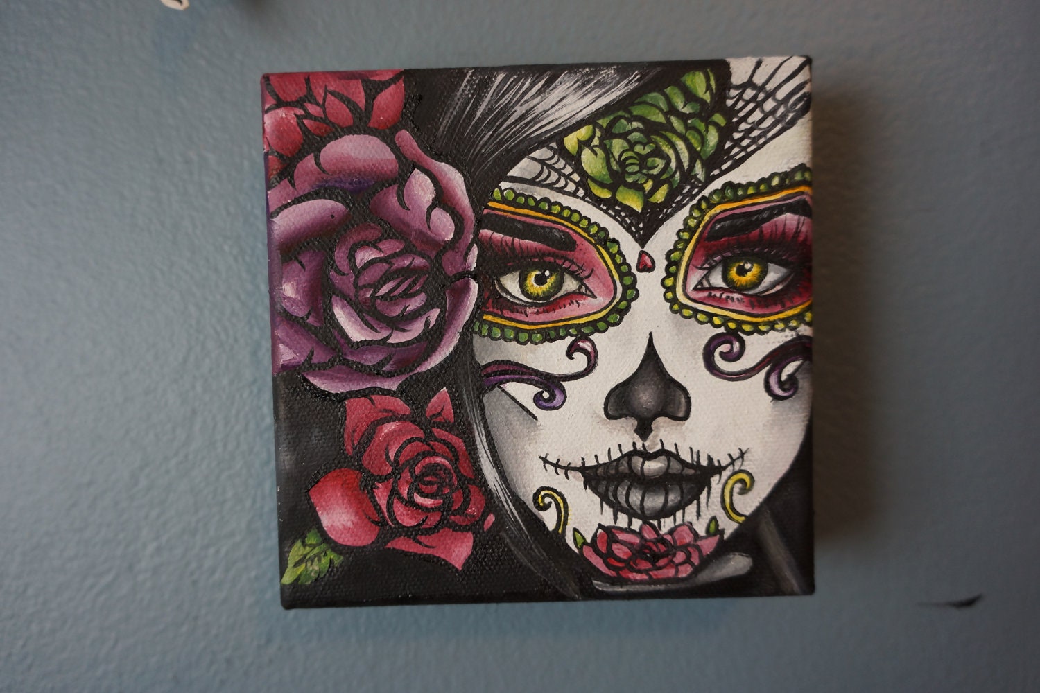 Reserved- Day of the Dead Dia de los muertos Painting- Original Oil Painting 5 x 5 Big Eye Art Lowbrow Tattoo Home Decor art