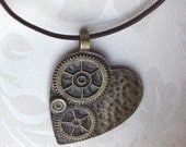 Antique Brass heart Leather necklace - Cyber Monday sale -free gift packaging