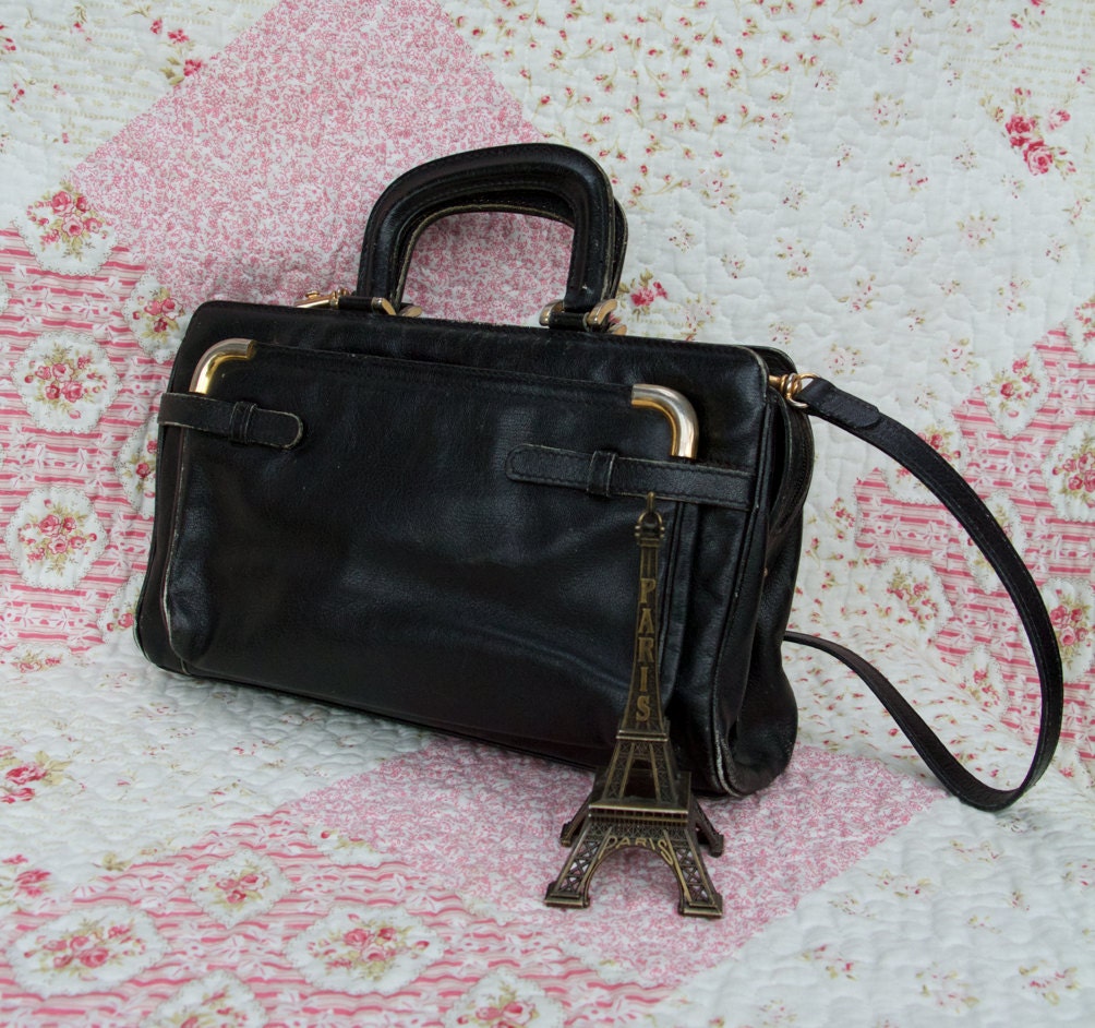 Black Beauty, French Vintage, Black Leather Satchel, Messenger Crossbody Handbag from Paris