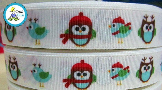 Owls and Birds 7/8" Christmas Ribbon by the Yard Reindeer Owl and Bird Winter Owls Party Crafts Scrapbook Cards Multimedia Stocking Trim Il_570xn
