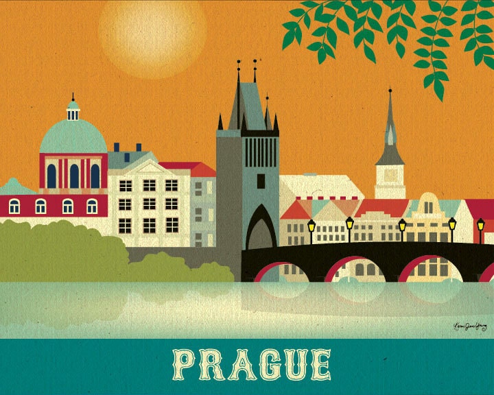 Prague, Czech Republic Skyline Poster - Destinaton Travel City Wall Art  - style E8-O-PRA