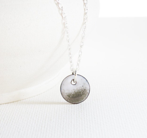 Enamel Pendant Necklace - White Gray Enamel Sterling Silver  Enamel Jewelry