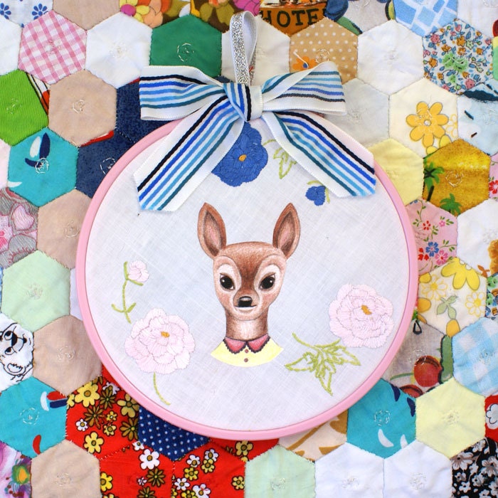 Baby Fox with Vintage Large Floral Embroidered Wall Hanging