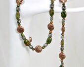Copper Butterfly Coin Bead, Silver Toned Textured Bead, & Unakite Bead Necklace