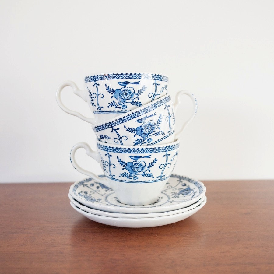 Vintage JOHNSON BROS INDIES Blue Floral Teacup Saucer Set of Three Trio