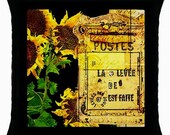 French post card pillow, yellow pillow case, yellow pillow, Paris decorative pillow, toss pillow, designer pillow, sunflowers